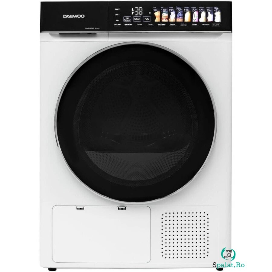 Daewoo Uscator de rufe Daewoo DDR-HS9E, 9 kg, Pompa de caldura, Clasa E, Butoane touch, Panou de control negru cu pictograme mari colorate, usa dubla neagra cu inel cromat, Alb la 2,287.99 lei ron