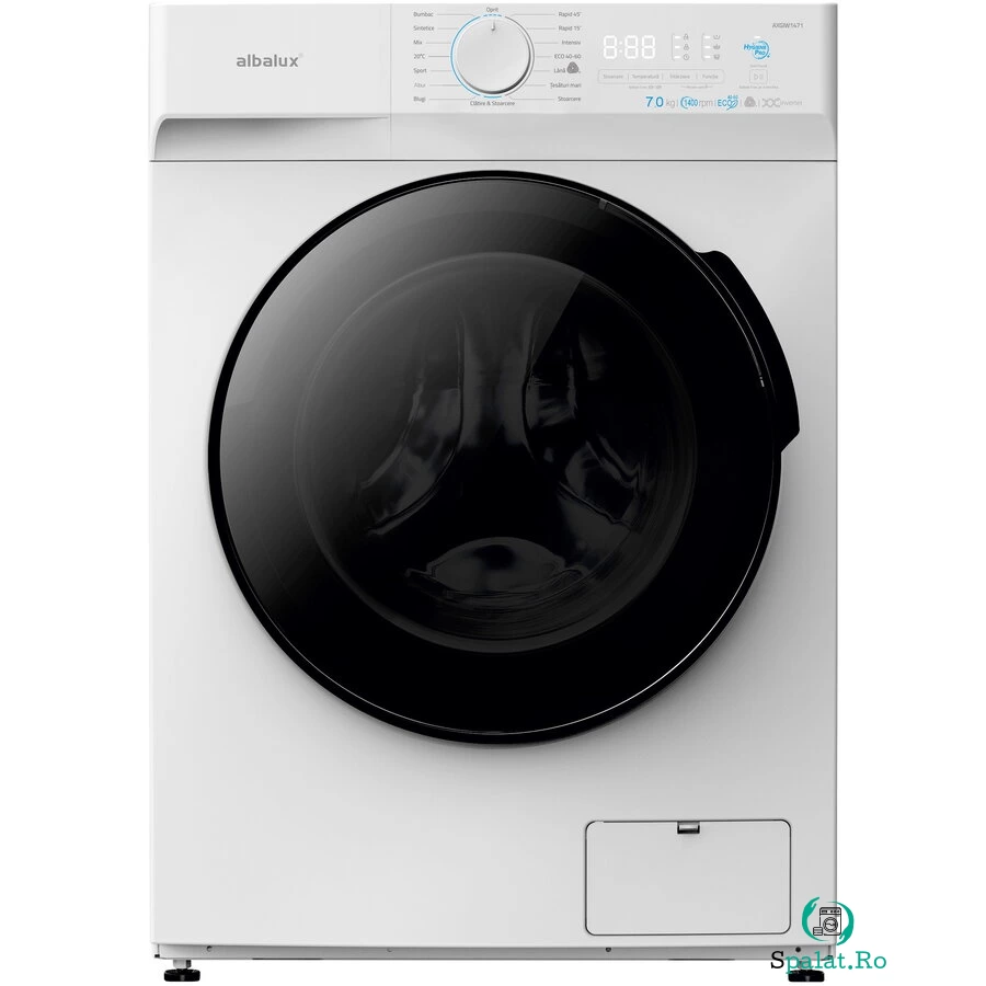 Albalux Masina de spalat rufe Albalux AXGIW1471, 7 kg, 1400 Rotatii, Motor Inverter, Clasa energetica B, 16 Programe, Functie Hygiene Pro, Termostat reglabil, Spalare cu aburi, Alb/Negru