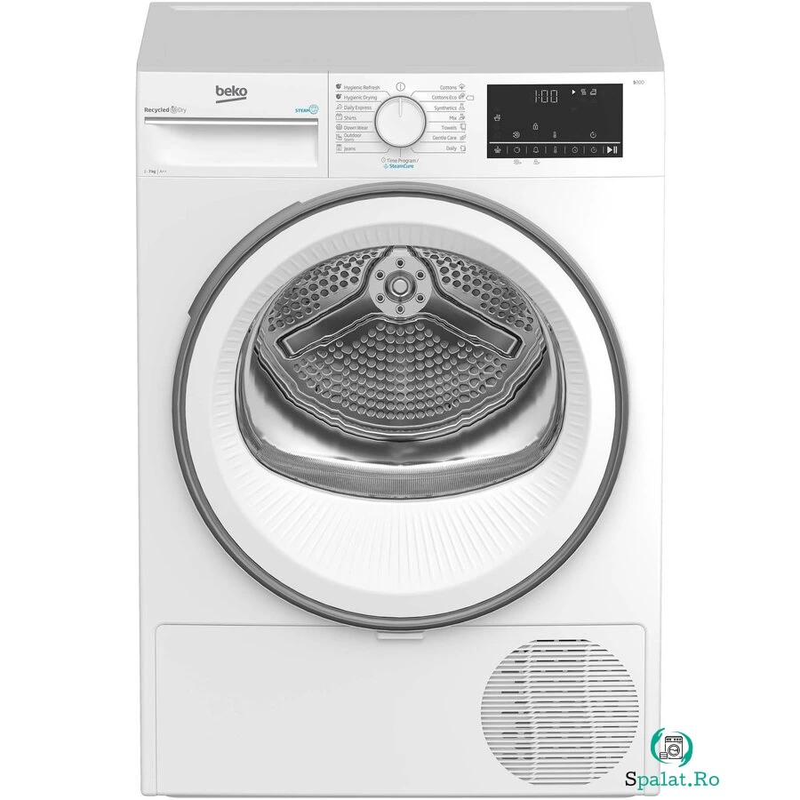Beko Uscator de rufe Beko B3T67230, 7 kg, Pompa de caldura, SteamCure, Hygienic Dry, OptiSense, Recycled Dry, Alb